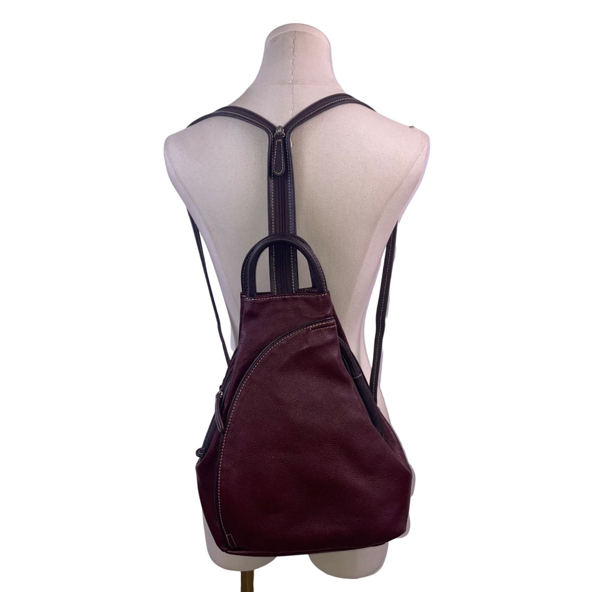 Women’s Burgundy Leather Multiple Compartments Sling Adjustable Straps Backpack