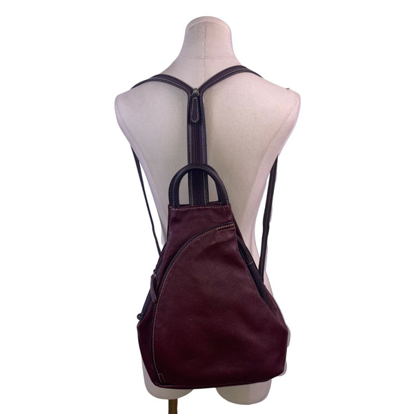 Women’s Burgundy Leather Multiple Compartments Sling Adjustable Straps Backpack