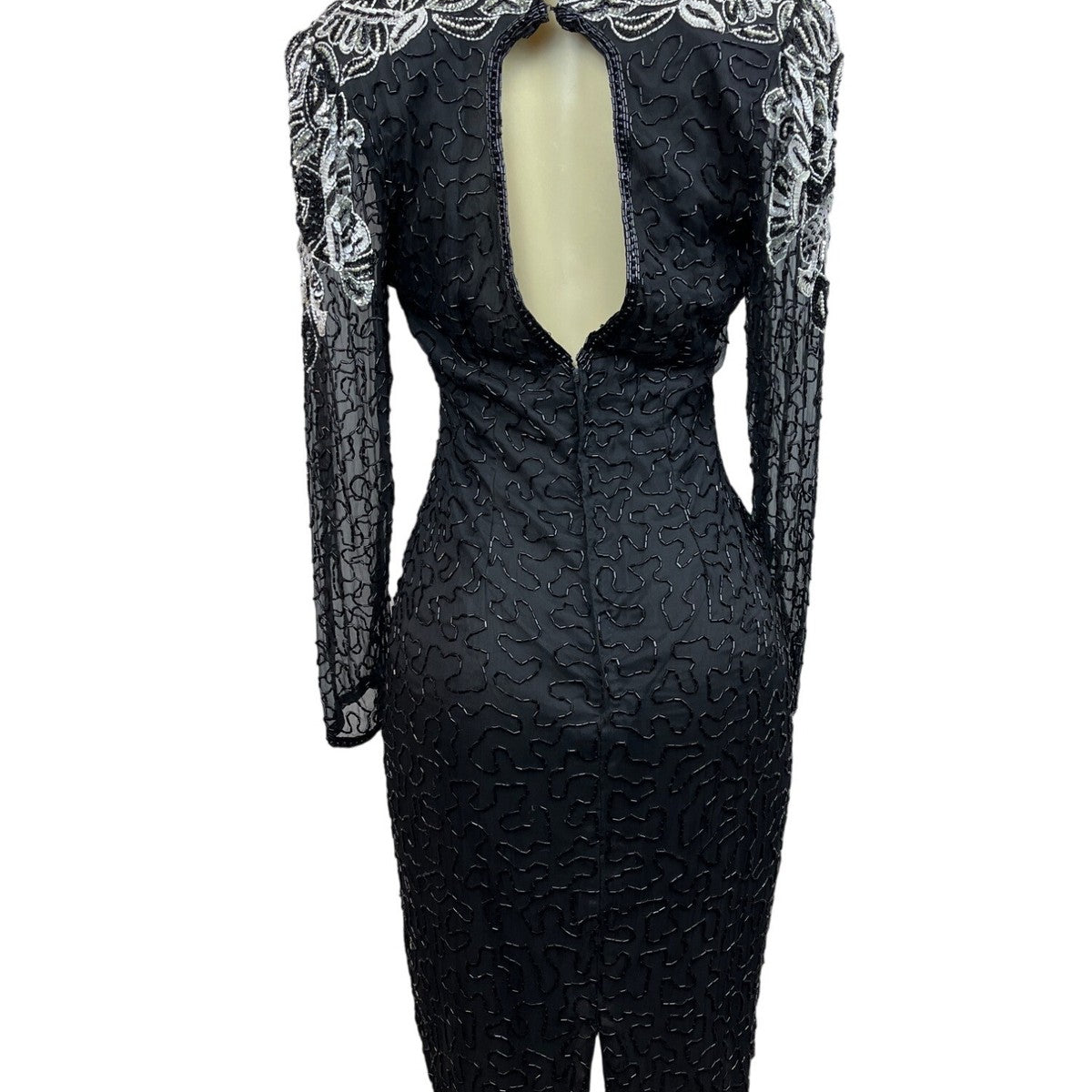 Black & Silver Sequin Beaded Womens Dress Long Sleeve Elegant Design Size M