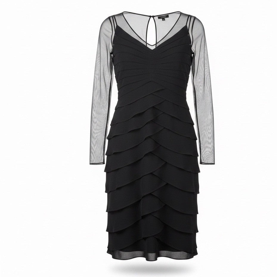 Adrianna Papell Womens Black Long Sleeve Tiered Ruffle Sheath Dress Size 4