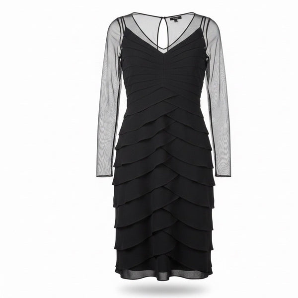 Adrianna Papell Womens Black Long Sleeve Tiered Ruffle Sheath Dress Size 4