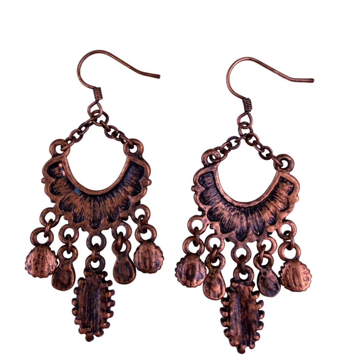 Vintage Copper Tone Womens Chandelier Earrings Green Floral Glass Accents