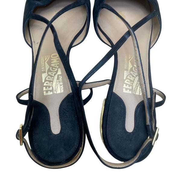 Salvatore Ferragamo Women’s Black Suede Bow Gold Accent Heel Sandals Size 10B
