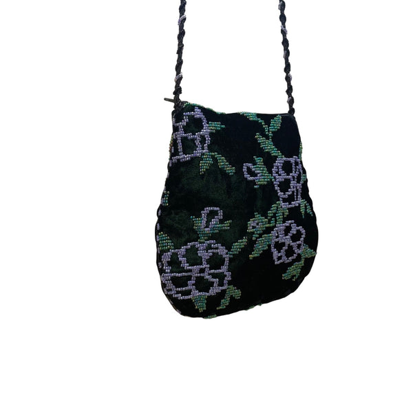 Beaded Women’s Dark Green Velvet Floral With Braided Strap Crossbody Purse