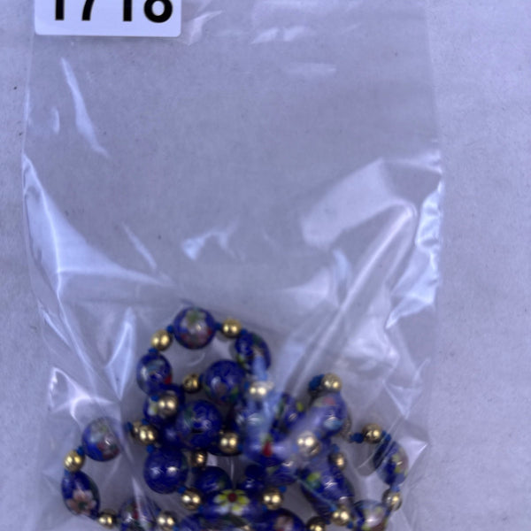 Chinese Cloisonné Womens Blue Bead Necklace Floral Motifs With Gold Spacers