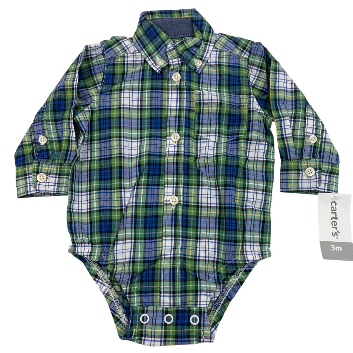 Carters Baby Boys Green & Blue Plaid Button-Up Bodysuit Size 3M - New