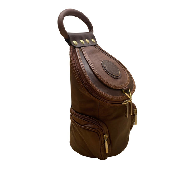 Giaccomo Men’s Brown Leather With Brass Zippers Crossbody Sling Backpack