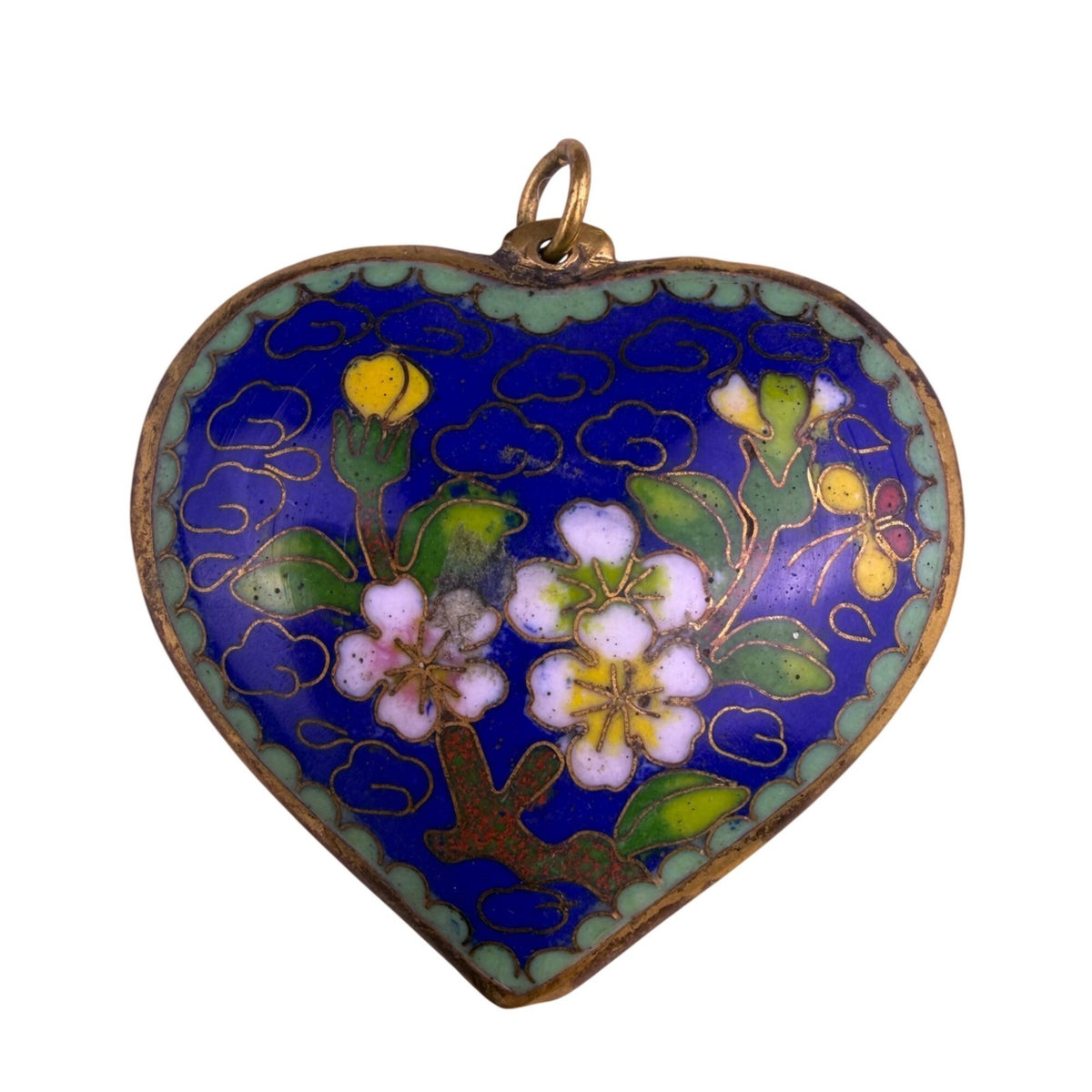 Vintage Cloisonné Enamel Heart Pendant Floral Motif Blue/Green Handmade 