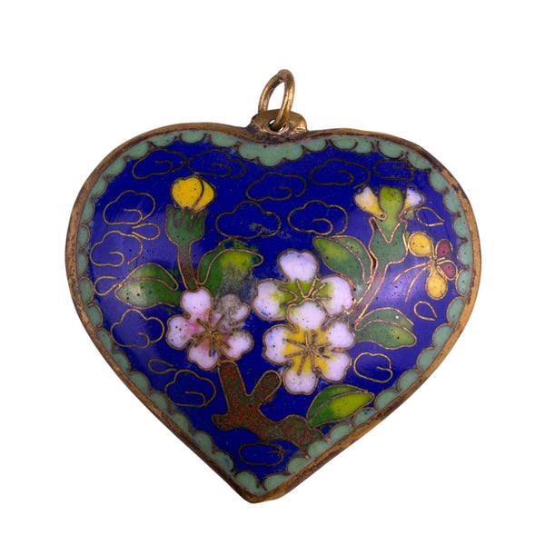 Vintage Cloisonné Enamel Heart Pendant Floral Motif Blue/Green Handmade 