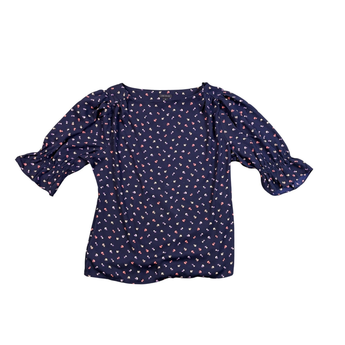 Ann Taylor Womens Navy Floral Print Blouse Ruffled Sleeves Pattern Size XS