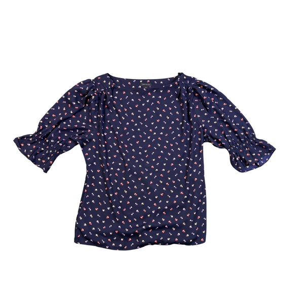 Ann Taylor Womens Navy Floral Print Blouse Ruffled Sleeves Pattern Size XS