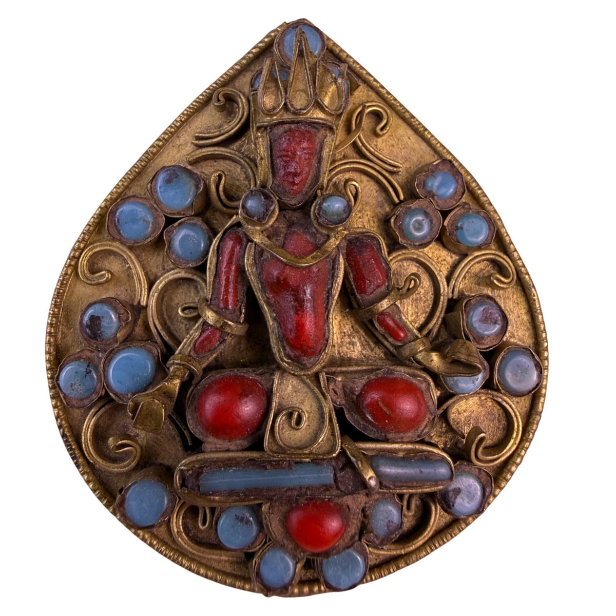 Antique Handmade Hindu Brass Goddess Brooch With Coral & Turquoise Pattern