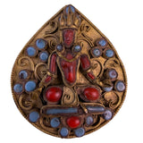 Antique Handmade Hindu Brass Goddess Brooch With Coral & Turquoise Pattern