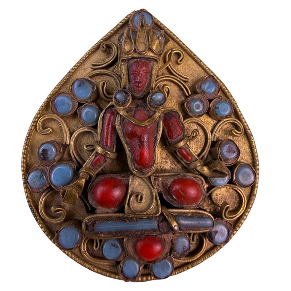 Antique Handmade Hindu Brass Goddess Brooch With Coral & Turquoise Pattern