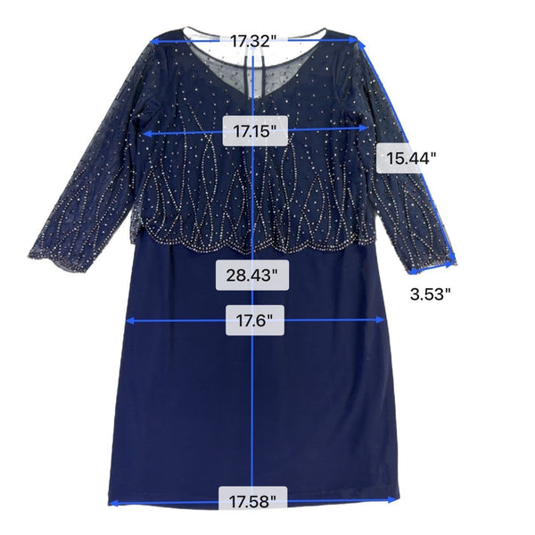 Patra Womens Navy Beaded Sheath Dress With Sheer Overlay Size 12