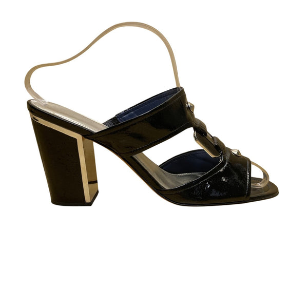 Saks Fifth Avenue Women’s Black Patent Leather Studded Block Heel Sandals Sz11M