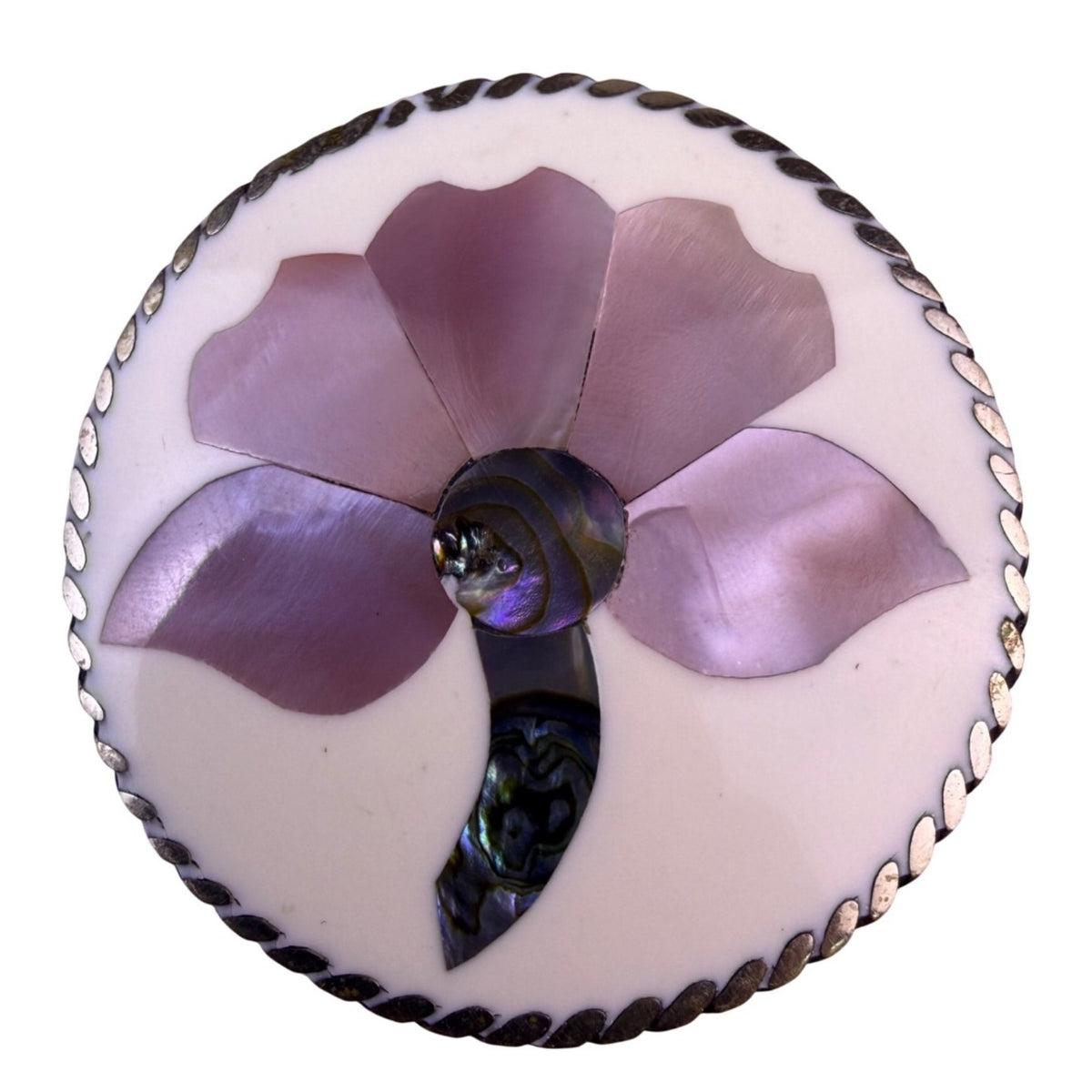 Vintage Pink & Silver Tone Mother-Of-Pearl Floral Round Brooch