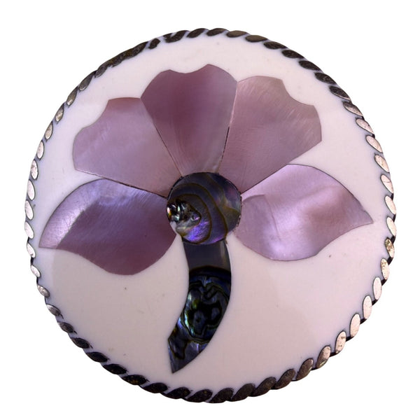 Vintage Pink & Silver Tone Mother-Of-Pearl Floral Round Brooch
