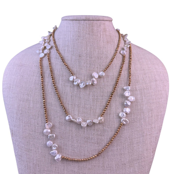 Long Strand Irregular Freshwater Keshi Pearls & Golden Beads Necklace