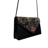 Women’s Black Beaded Floral Envelope Clutch Purse With Shoulder Strap