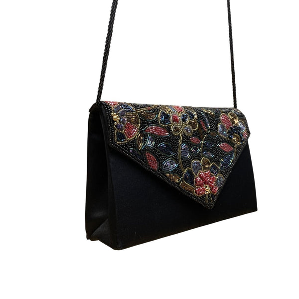 Women’s Black Beaded Floral Envelope Clutch Purse With Shoulder Strap