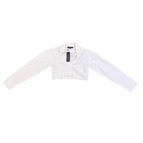 Motel Womens White Cotton Cropped Button-Up Long Sleeve Collared Shirt Size XS