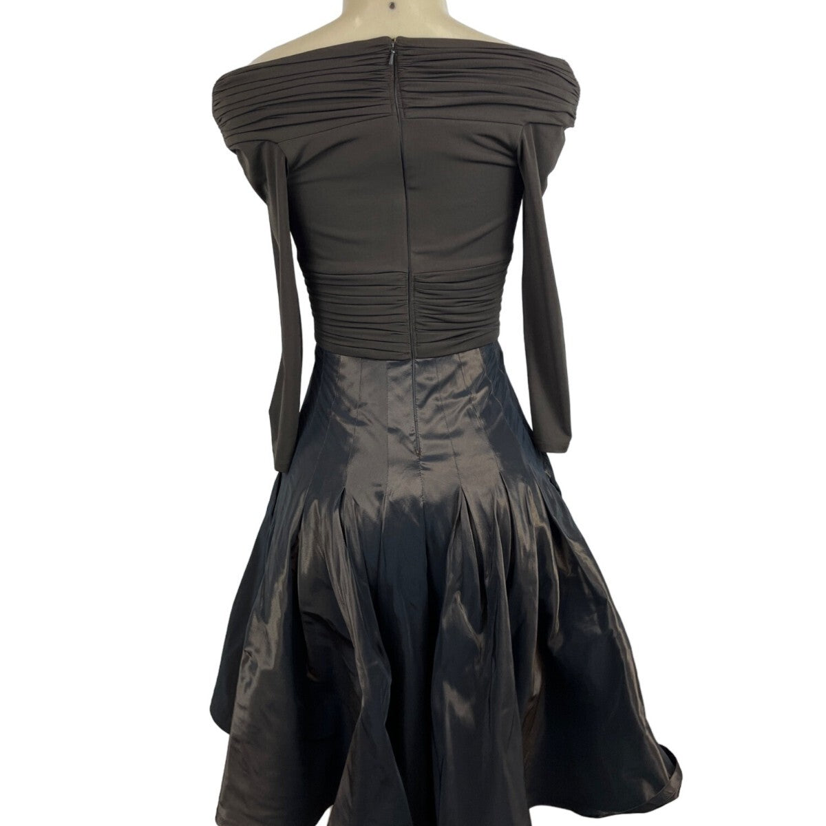 Tadashi Off-The-Shoulder Ruched Long Sleeve Dress With Shiny Full Skirt Sz 2