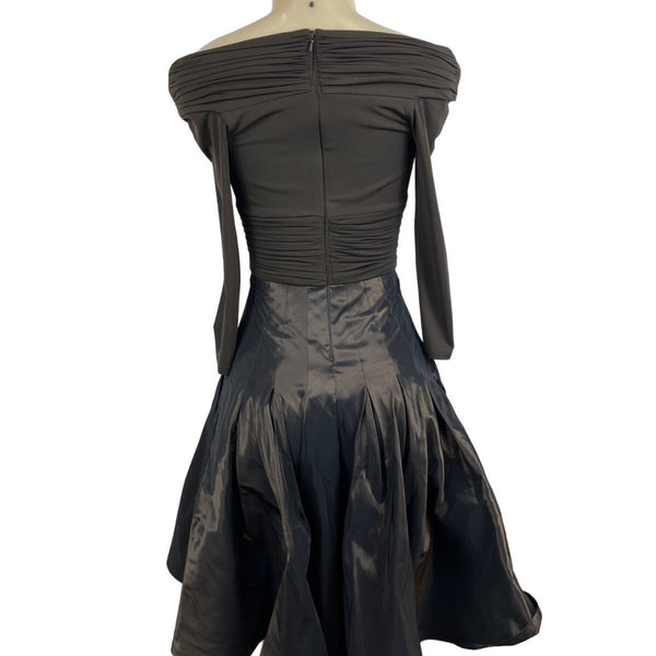 Tadashi Off-The-Shoulder Ruched Long Sleeve Dress With Shiny Full Skirt Sz 2