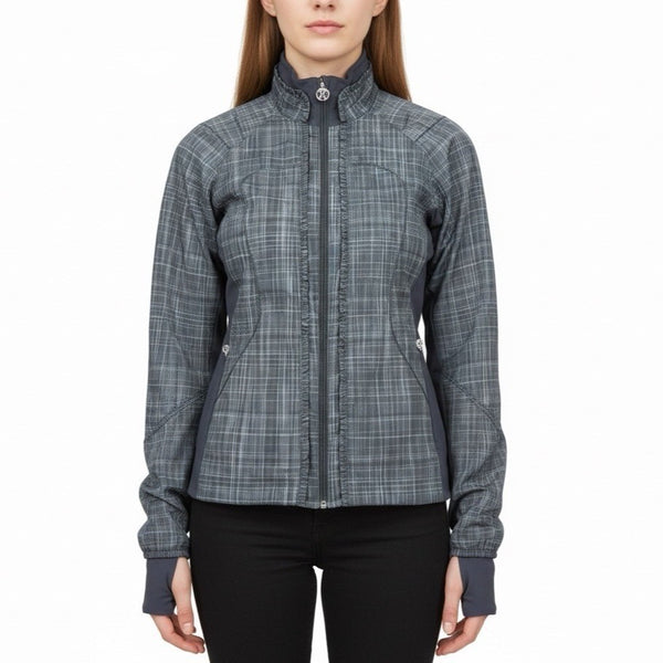 Lululemon Womens Gray Plaid Full-Zip Lightweight Jacket Ruffle Trim High Collar