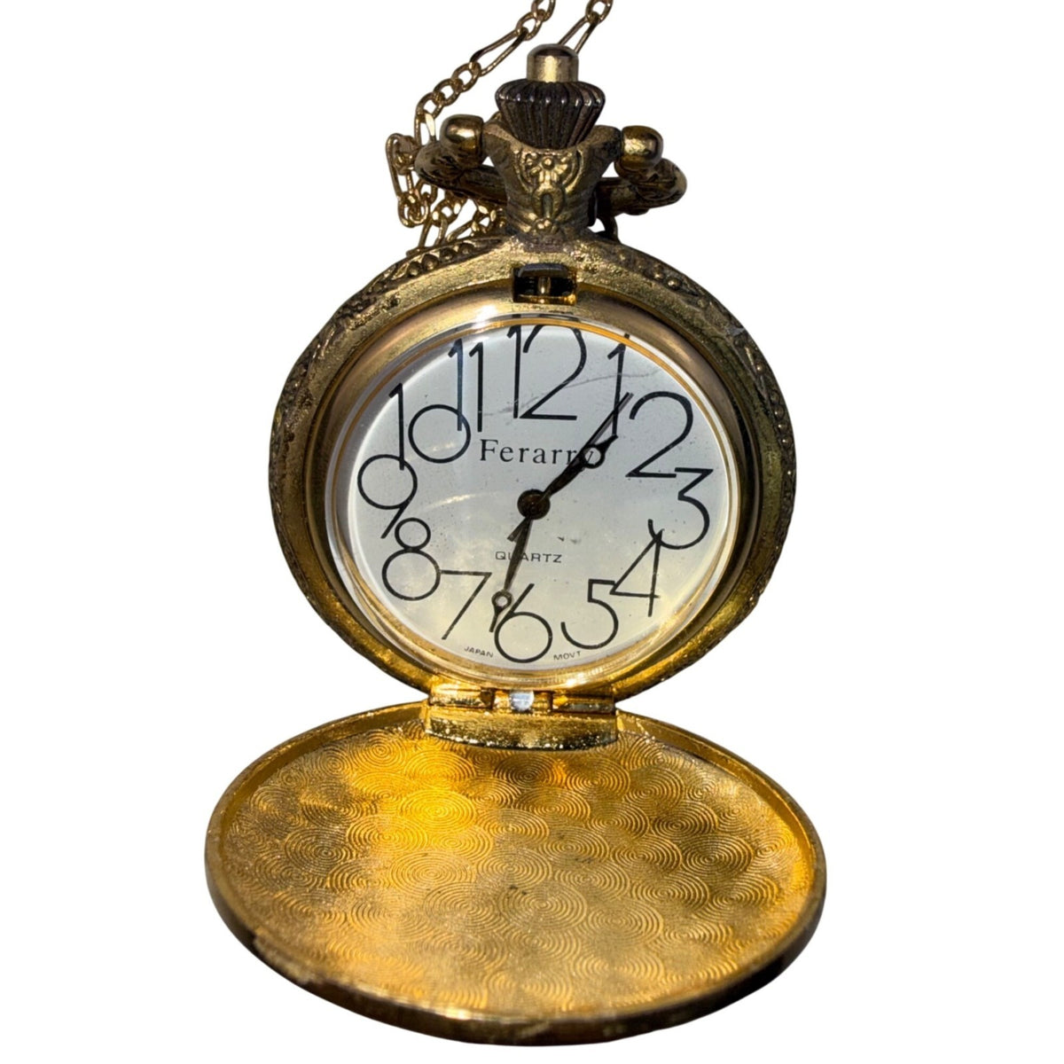 Ferarro Womens Gold Tone Metal Pocket Watch Necklace Quartz Japan Movement