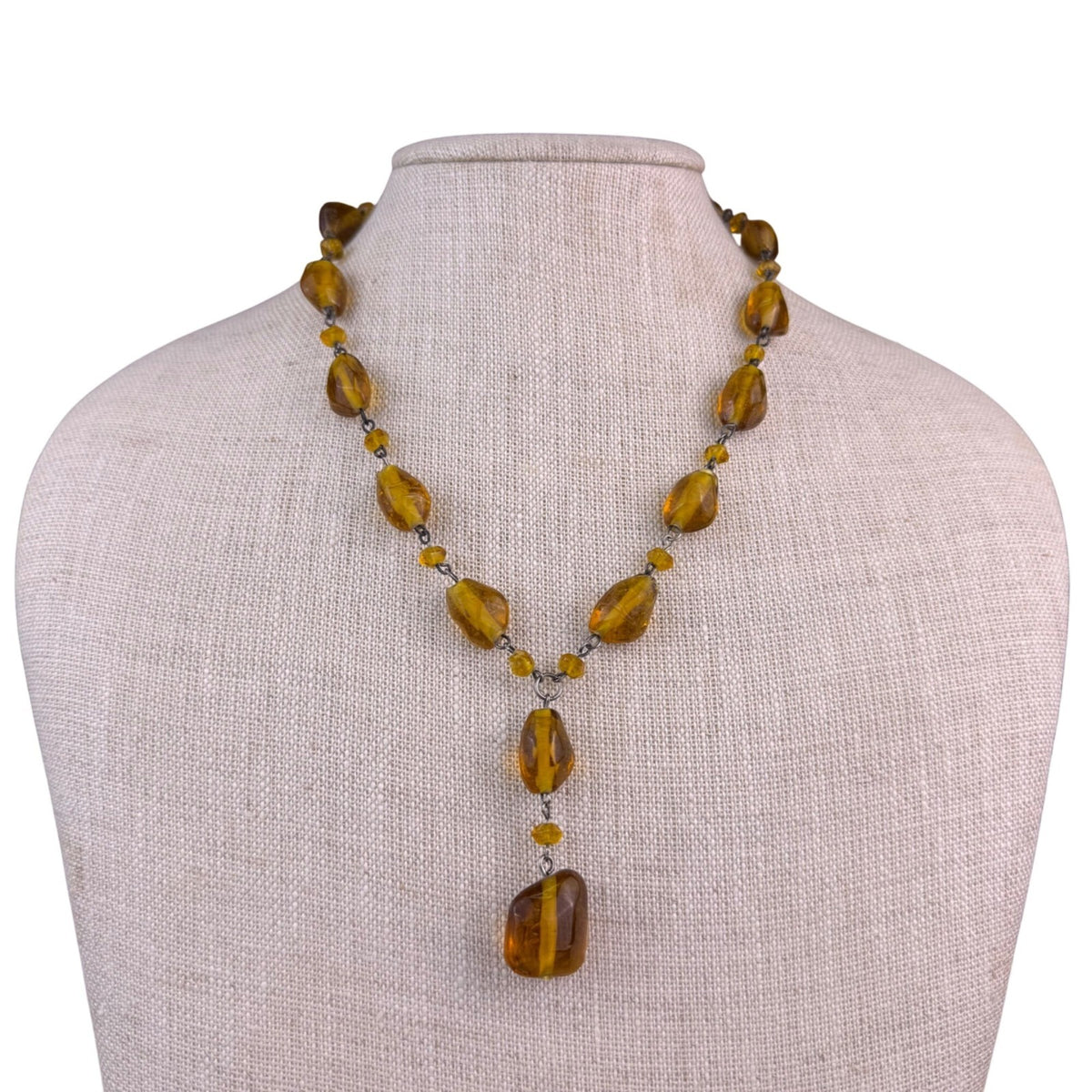 Vintage 90"s Amber Tone & Glass Boho Y-Shaped Necklace Drop Extender