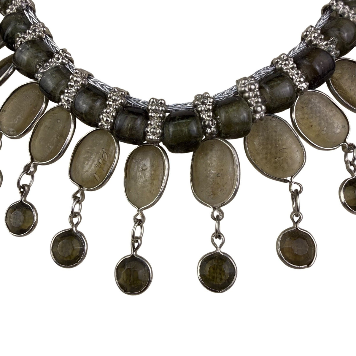 Silver Tone Womens Braided Necklace With Oval Translucent Sones And Charms.
