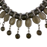 Silver Tone Womens Braided Necklace With Oval Translucent Sones And Charms.
