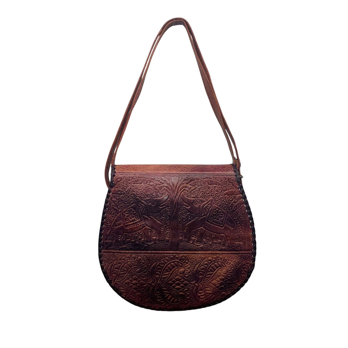 Women’s Brown Elephant & Tree Embossed Leather Shoulder Saddle Bag
