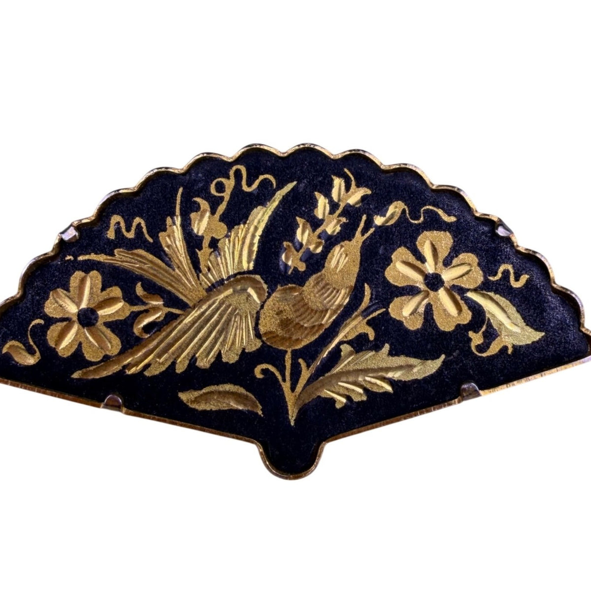 Vintage Damascene Gold Tone Fan Brooch Birds & Flowers Black Enamel Metal Signed