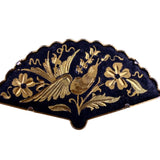 Vintage Damascene Gold Tone Fan Brooch Birds & Flowers Black Enamel Metal Signed