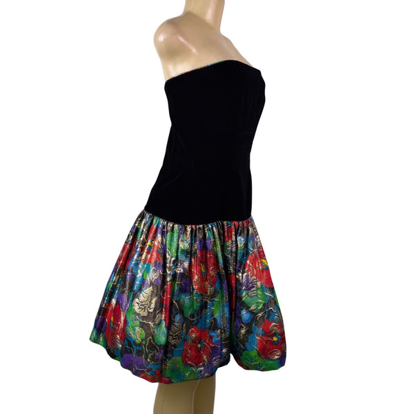 Morton Myles Womens Black Velvet Strapless Floral Metallic Mini Dress Size 8
