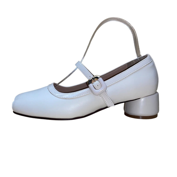 Dusto Women's Ivory White Faux Leather Mary Jane Block Heel Dress Shoes Size 7.5