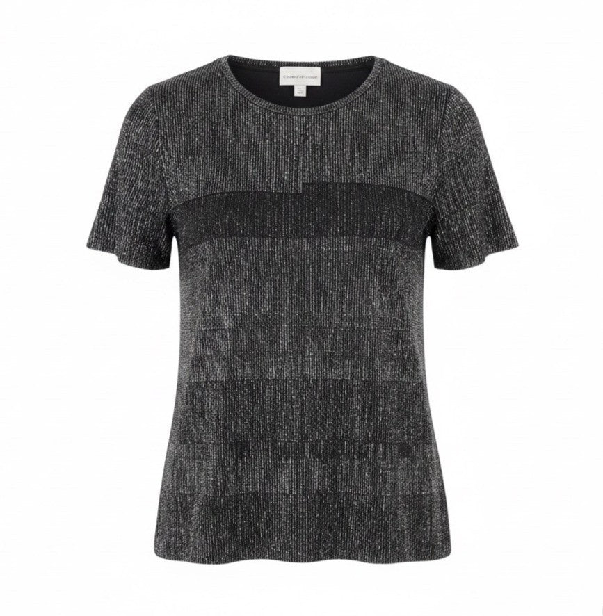 Alfred Dunner Womens Black Top Shimmering Textured Short Sleeve Shirt Size S