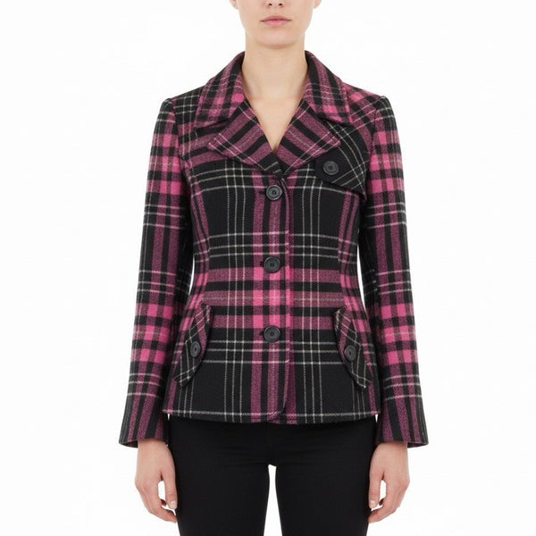Abbie Mags Womens Black & Pink Plaid Wool Blend Button-Up Coat Retro Chic Size S