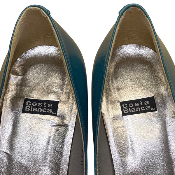 Costa Blanca Women’s Teal Blue Leather Pointed Toe Floral Detail Heels Size 8M