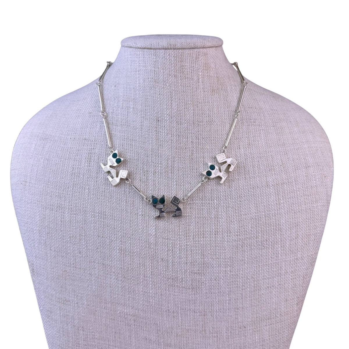 Sterling Silver Womens Necklace & Earrings Set Stylized Cats Green Stone Inlays