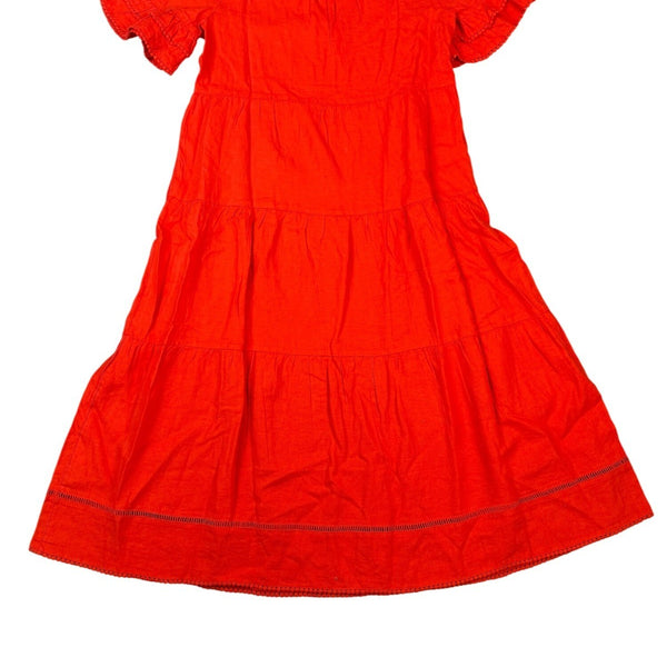 Chicos Womens Red Linen Maxi Dress Tiered Design Flutter Sleeves Size 2 (L - 12)