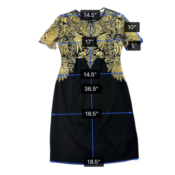 Joryaxuan Black & Gold Embroidered Sheath Dress Short Sleeve Mesh Detail Sz M
