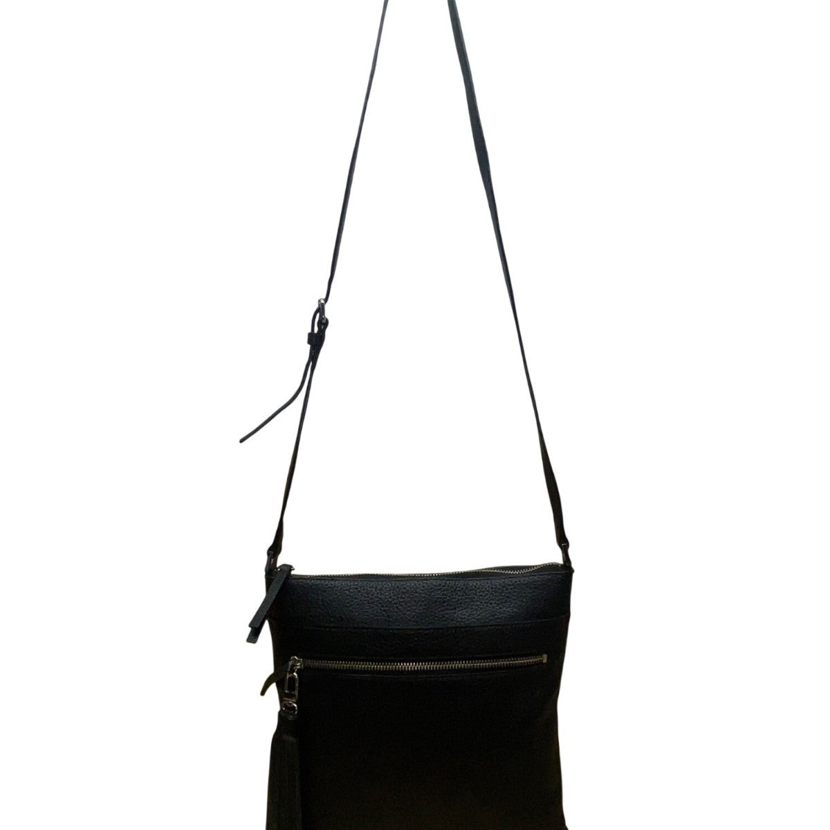 Halogen Women’s Black Pebbled Leather Adjustable Strap Crossbody Bag With Tassel