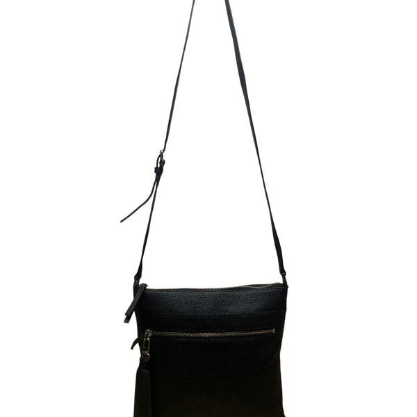 Halogen Women’s Black Pebbled Leather Adjustable Strap Crossbody Bag With Tassel