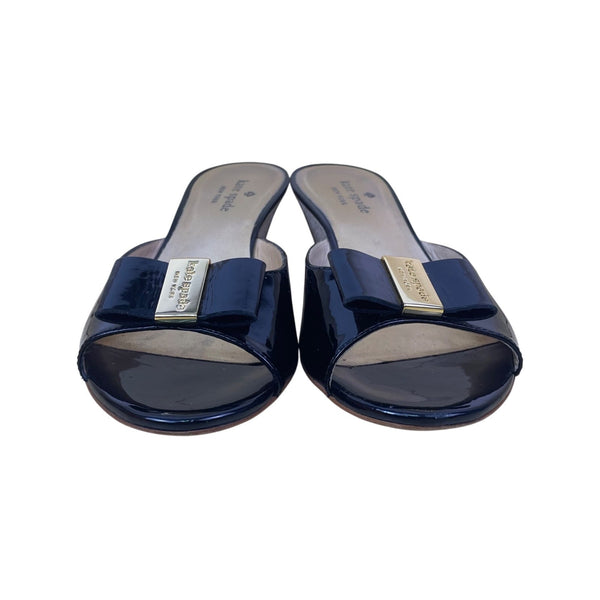 Kate Spade Women’s Black Patent Natural Raffia Bow Dixie Wedge Sandals Size 7.5M
