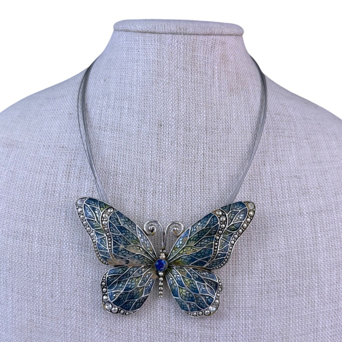 Green & Blue Butterfly Necklace Enamel Crystal Detail Silver Adjustable Chain