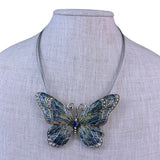 Green & Blue Butterfly Necklace Enamel Crystal Detail Silver Adjustable Chain