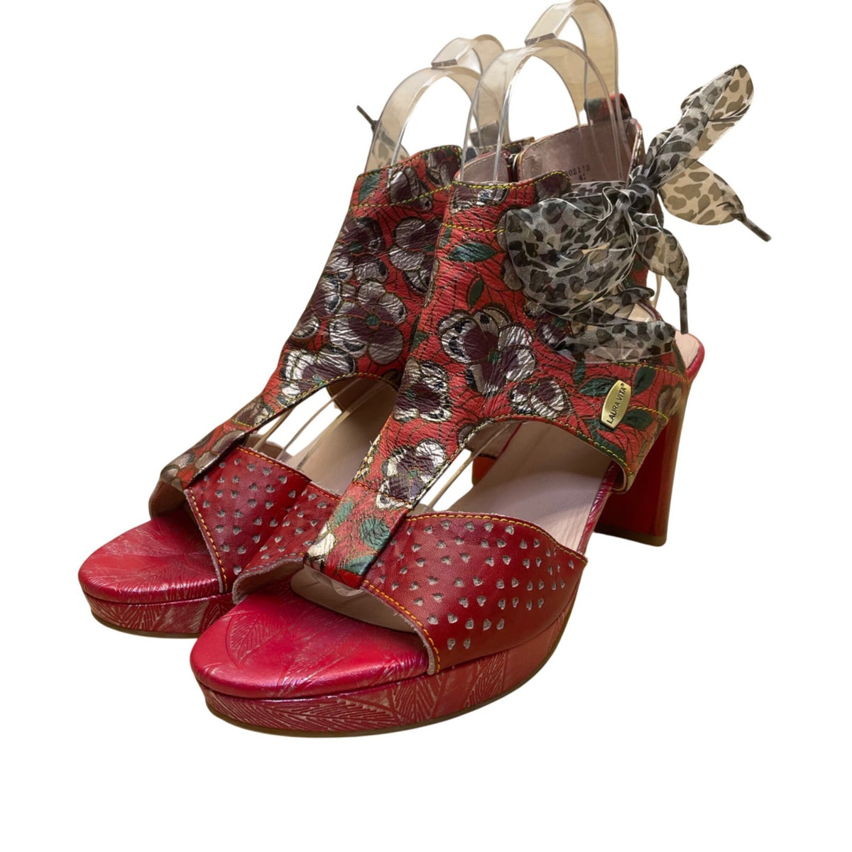 Laura Vita Women’s Red Floral Pattern Leather Open Toe Bow Accent Heels Size 10